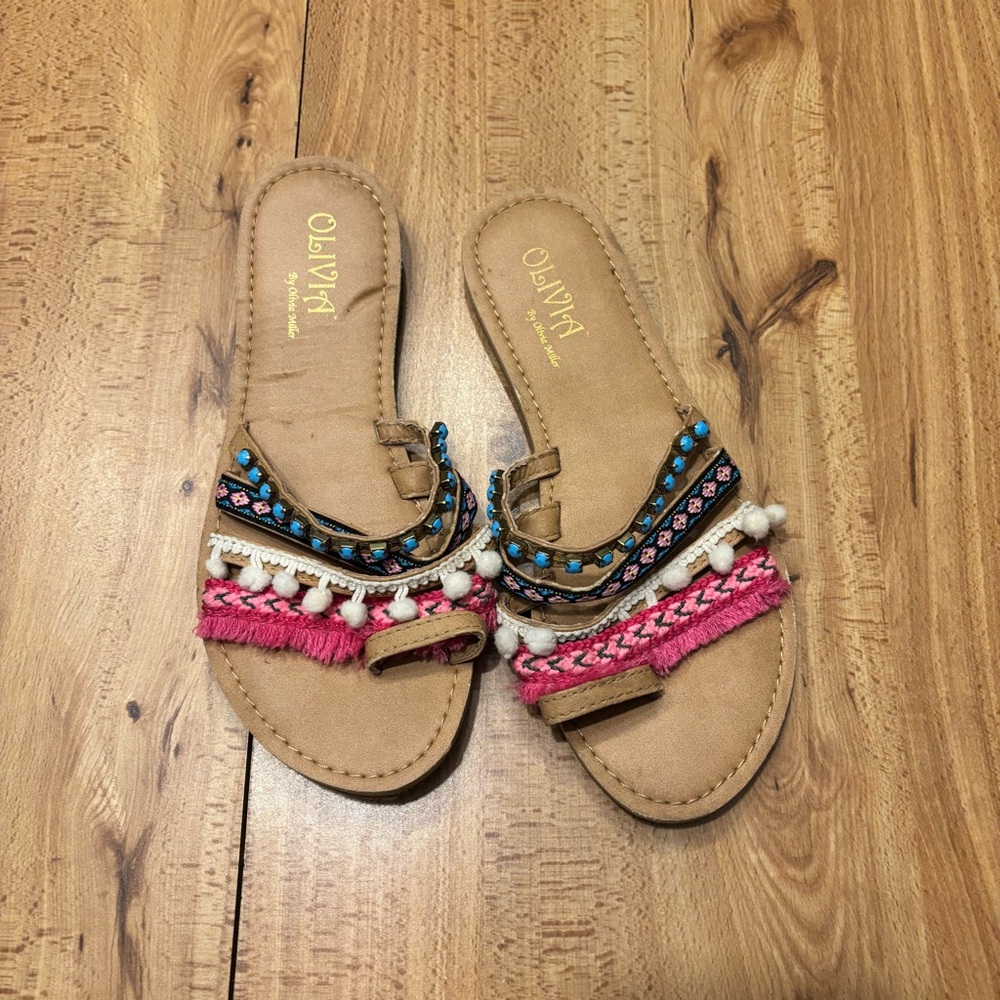 Olivia Miller Neptune Mini Pom Pom Sandals Boho Braided Flat Sandals Size 7.5
